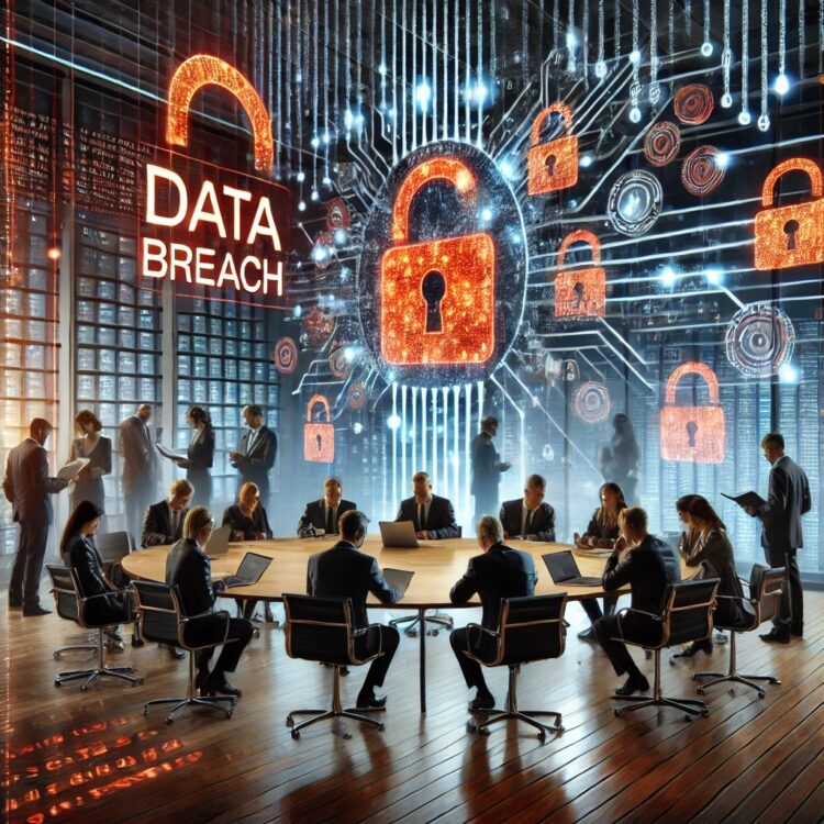 A visually compelling image depicting the aftermath of a cybersecurity breach, featuring a large corporate office with shattered digital holograms, gl