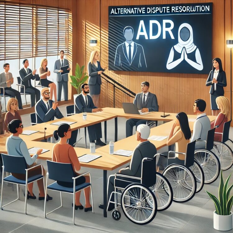 An inclusive scene depicting a mediation session for alternative dispute resolution (ADR), with diverse participants including individuals with disabi.jpg