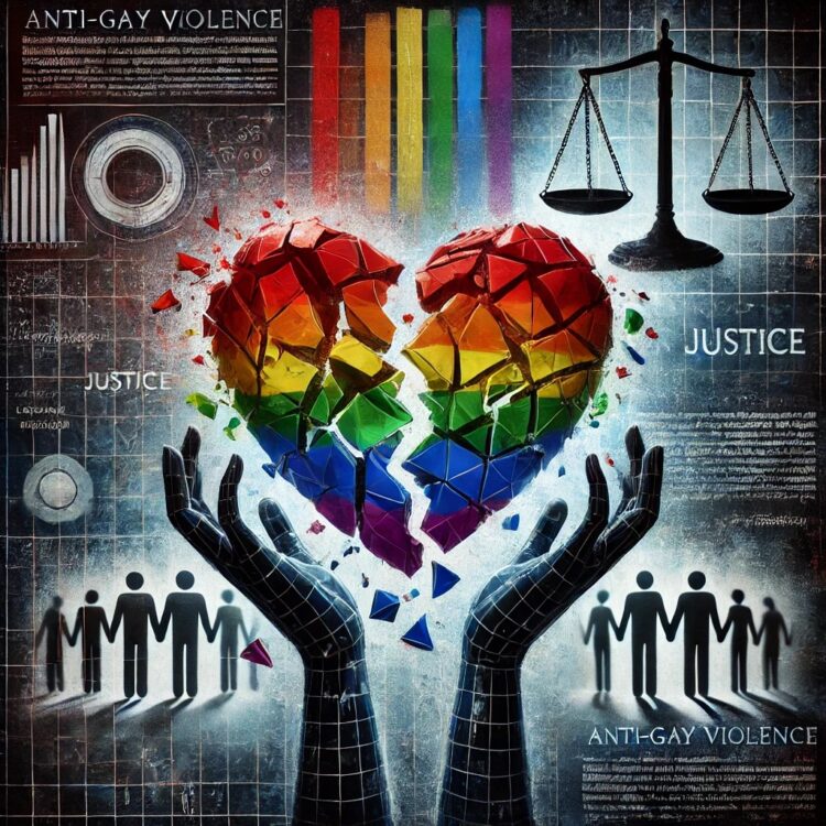 A symbolic artwork illustrating the social and emotional impact of anti-gay violence in Australia, showing a shattered rainbow heart to represent brok
