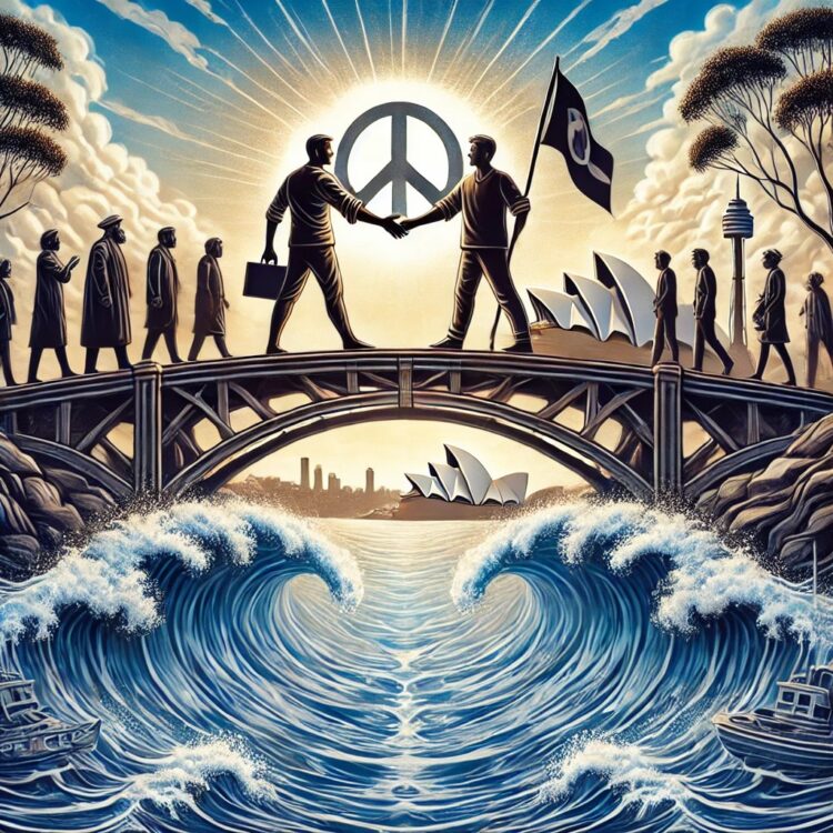 A visually striking representation of conflict resolution combining negotiation and nonviolent action. The image should depict two symbolic figures.