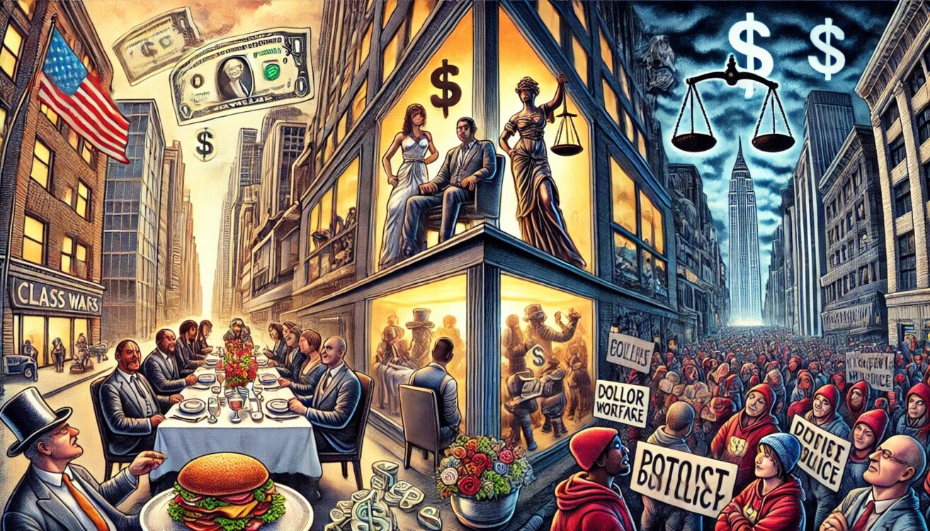 illustration reflecting the theme of "Class Warfare in America: An Ongoing Narrative," depicting the stark contrasts and tensions between socio-economic groups.