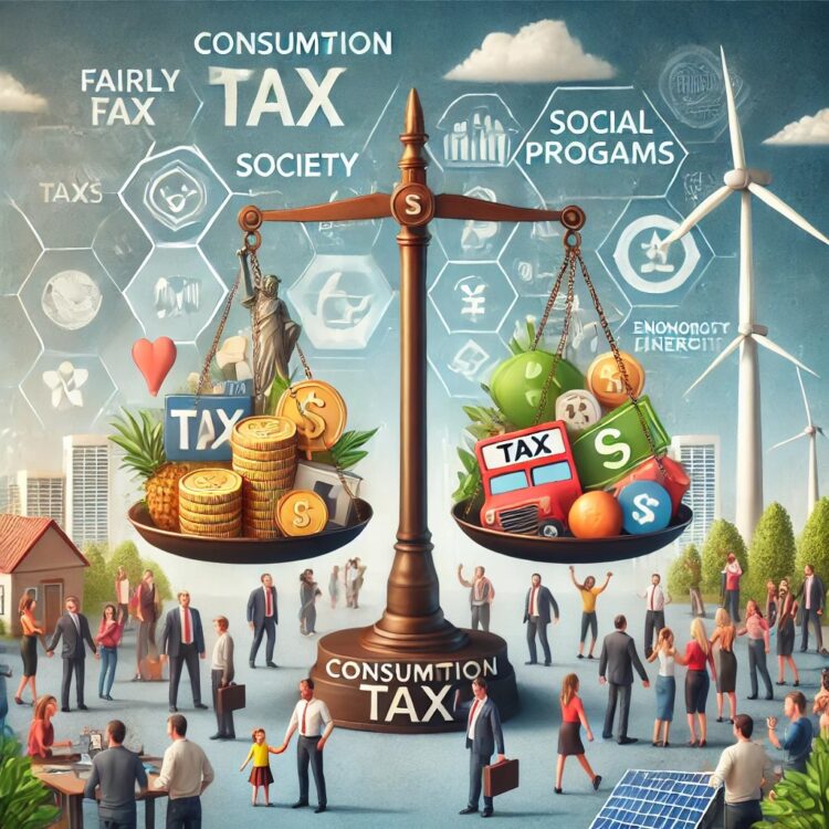visual representation of the essay's concept, illustrating how a well-designed consumption tax system can balance economic growth with social benefits. Let me know if you'd like any adjustments!