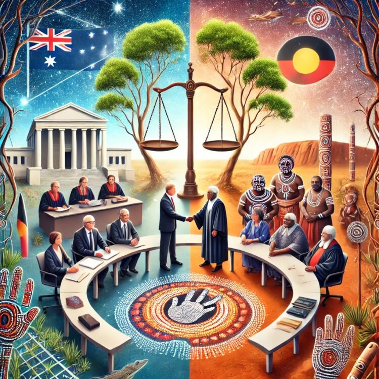 A conceptual illustration depicting the conflict and coexistence between the Australian common law legal system and Indigenous customary law. On one s.jpg