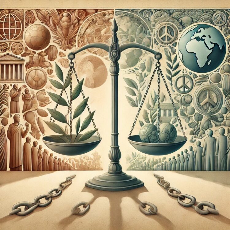 A thought-provoking digital illustration depicting the concept of universal justice and human rights. The scene features symbolic scales of justice ba.jpg