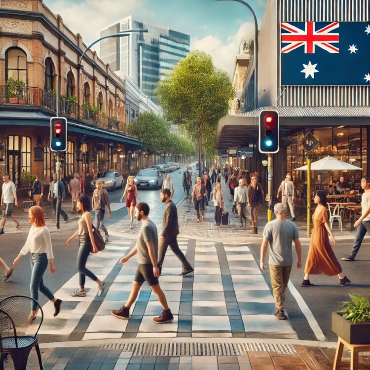 A bustling urban footpath in Australia with pedestrians of diverse backgrounds walking harmoniously. The scene shows some people walking on the left