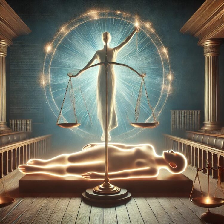 An evocative image symbolizing the concept of consent, featuring a serene yet compelling courtroom setting with a focus on scales of justice balanced