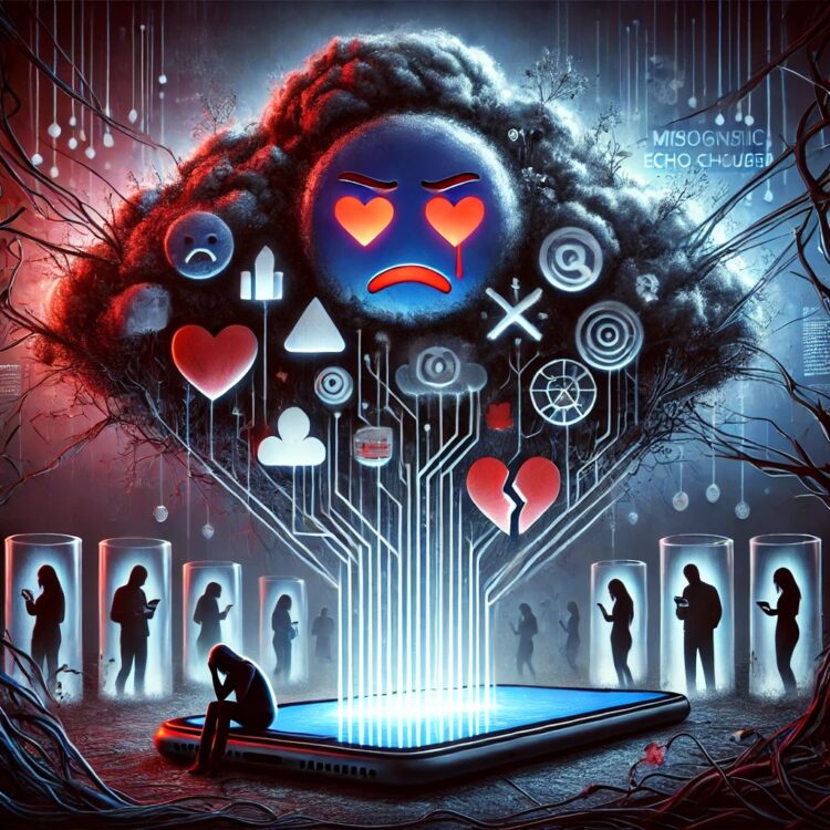 A conceptual illustration representing the dark side of social media. The image shows a large smartphone surrounded by an ominous digital cloud