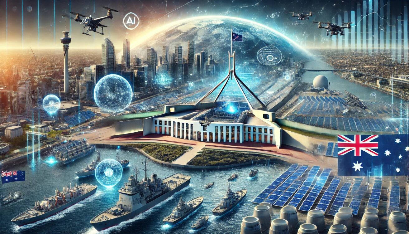 A futuristic depiction of Australia as a global superpower. The image showcases a high-tech city skyline with advanced skyscrapers, energy