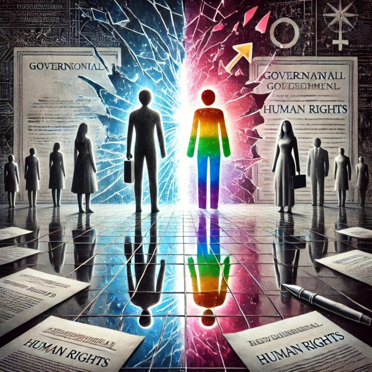 A symbolic digital artwork depicting the concept of gender identity and human rights. The image shows two figures standing on opposite sides of a cracked bill