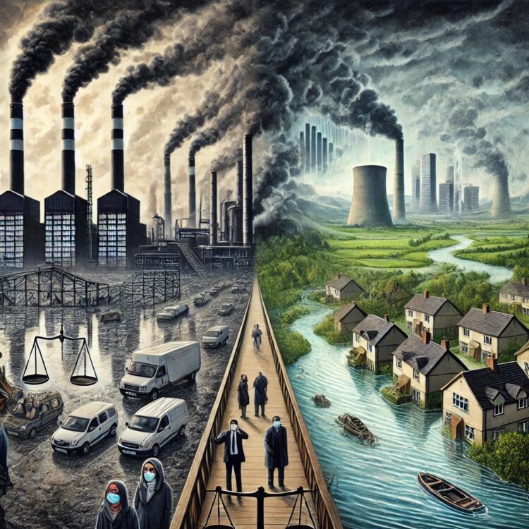 An artistic depiction of climate change impacts caused by environmental polluters, featuring a juxtaposition of industrial factories emitting dark smo.