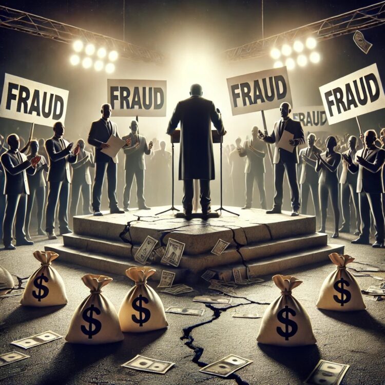 A symbolic depiction of political corruption and trust breach, showing a politician standing on a cracked public podium surrounded by shadowy figures