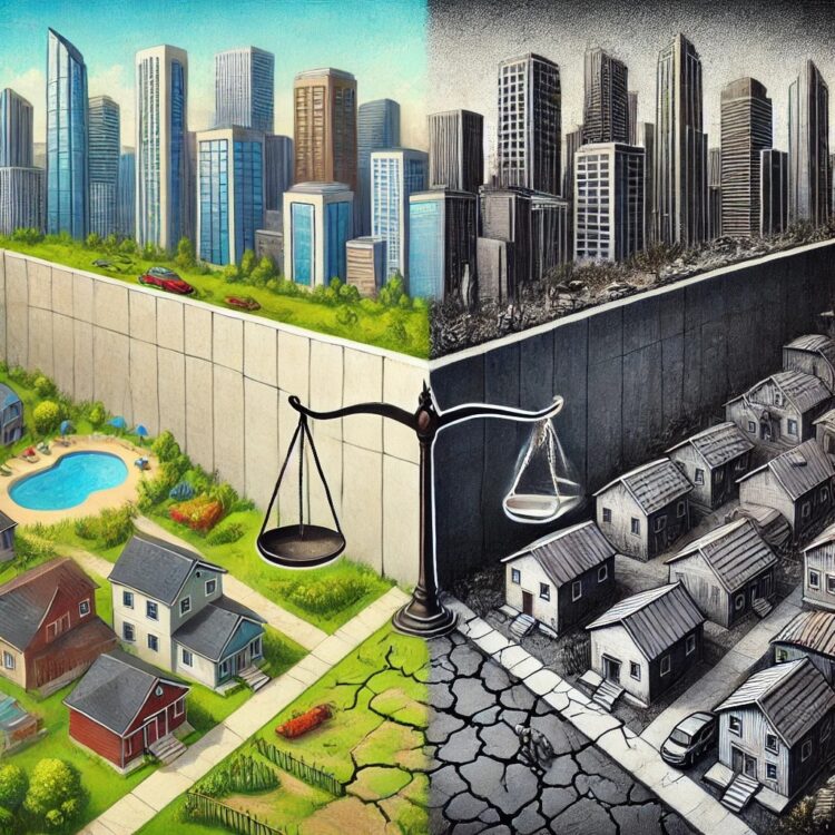 An artistic representation of systemic racism showing two contrasting sides of a cityscape. On one side, vibrant and thriving communities with modern